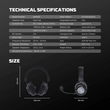 Technical specifications and size details of a headset on a black background