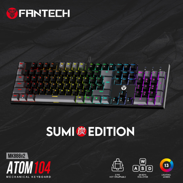 لوحة مفاتيح الألعاب الميكانيكية Fantech Atom 104 MK886 V2 بمفتاح أزرق - أسود