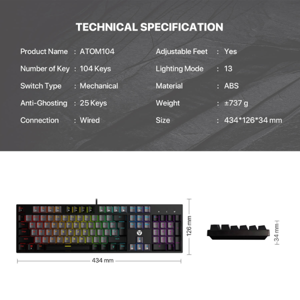 Fantech Atom 104 MK886 V2 Mechanical  Gaming Keyboard – Red Switch – Gray-dokantech