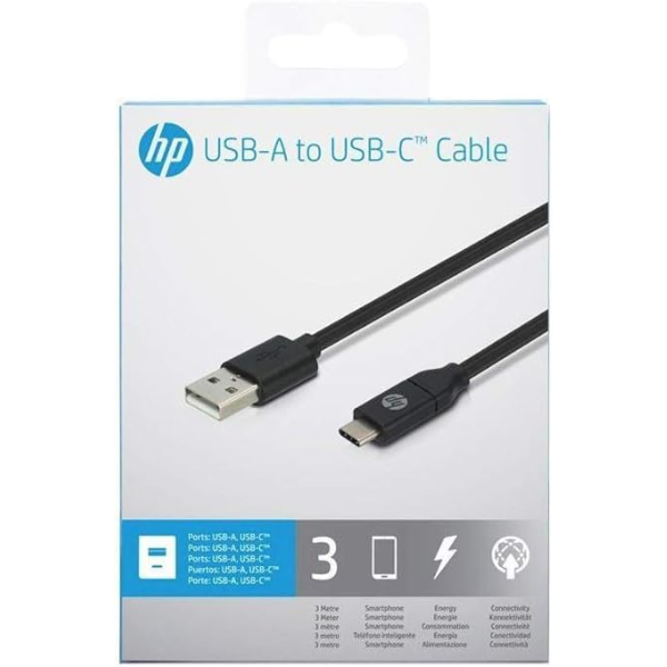 HP USB A To USB C 300cm Cable - Black - Dokkantech
