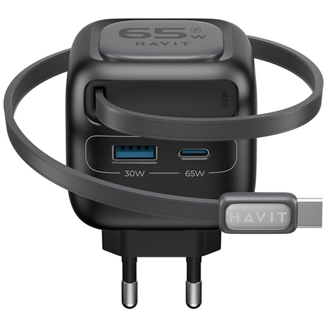 Havit65WGaNTravelChargerUC253EURetractableCableBlack-dokantech#