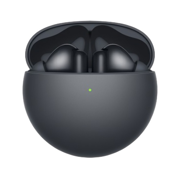 Black Huawei FreeBuds 7i earbuds seated in their open charging case.