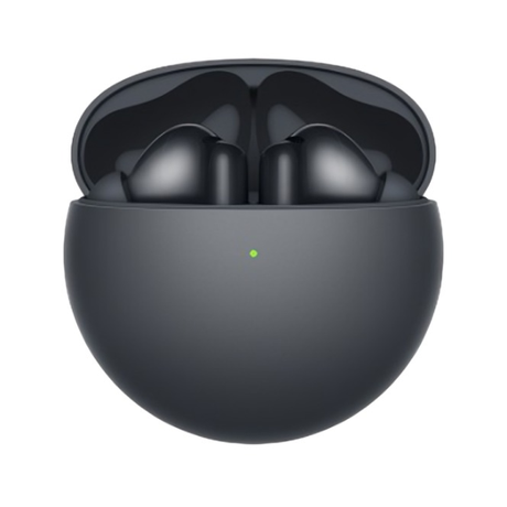 Black Huawei FreeBuds 7i earbuds seated in their open charging case.