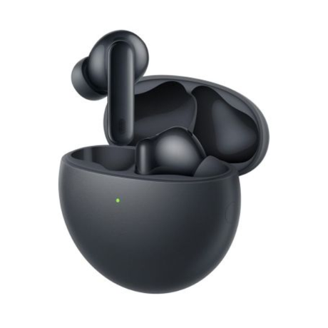 Black Huawei FreeBuds 7i with one earbud raised above the open charging case.