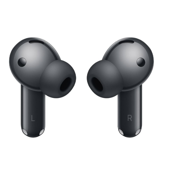 Inner view of the black Huawei FreeBuds 7i earbuds showing the silicone tips and L/R markings.