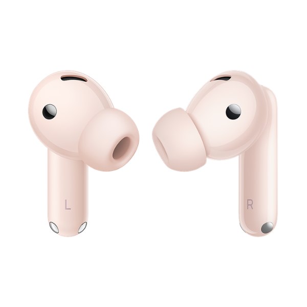 Inner view of the pink Huawei FreeBuds 7i earbuds showing the silicone tips and L/R markings.