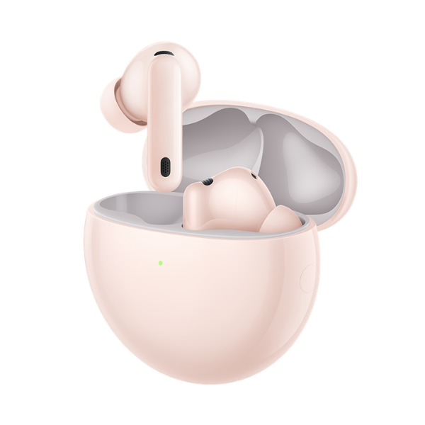 Pink Huawei FreeBuds 7i with one earbud raised above the open charging case.
