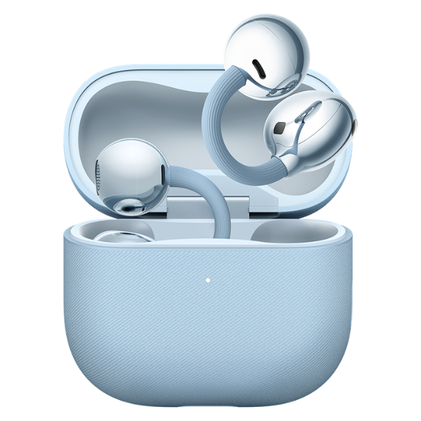 Huawei FreeClip 2 Open-Ear Earbuds: blue open-ear earbuds with open case.