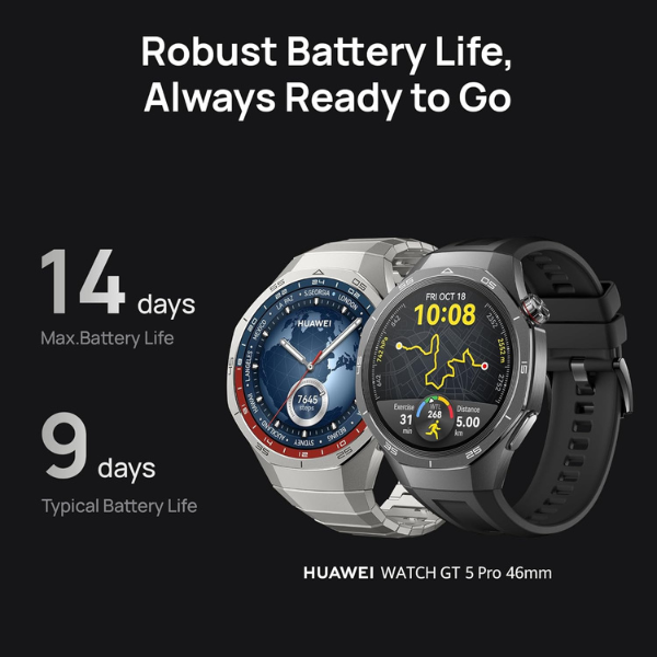 Huawei GT5 PRO 46mm Smartwatch with 1.43" AMOLED, up to 14 Days Battery Life, Black - DokanTech #