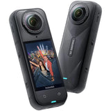 Insta360 camera with a screen displaying a cityscape and two people, on a white background.