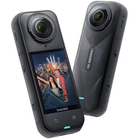 Insta360 camera with a screen displaying a cityscape and two people, on a white background.