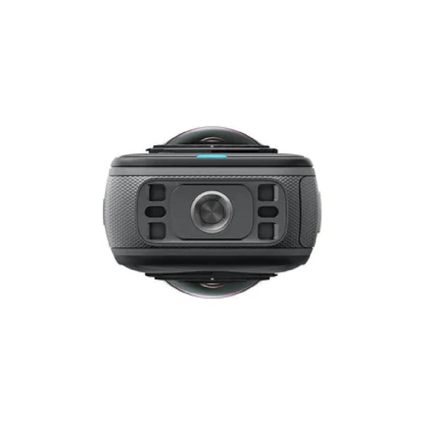 A dark gray and black 360-degree action camera with a textured grip and a central lens, shown from the front on a solid white background.