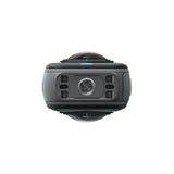 A dark gray and black 360-degree action camera with a textured grip and a central lens, shown from the front on a solid white background.