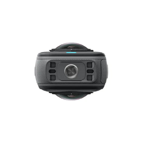 A dark gray and black 360-degree action camera with a textured grip and a central lens, shown from the front on a solid white background.