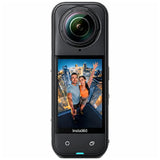 360-degree camera with a screen displaying a couple in an urban setting, branded 'Insta360'.