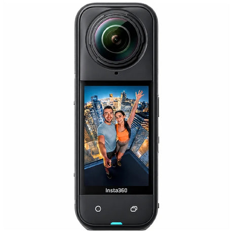 360-degree camera with a screen displaying a couple in an urban setting, branded 'Insta360'.