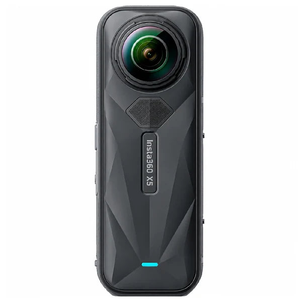 Black action camera with multiple lenses on a white background