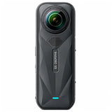 Black action camera with multiple lenses on a white background