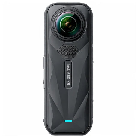 Black action camera with multiple lenses on a white background