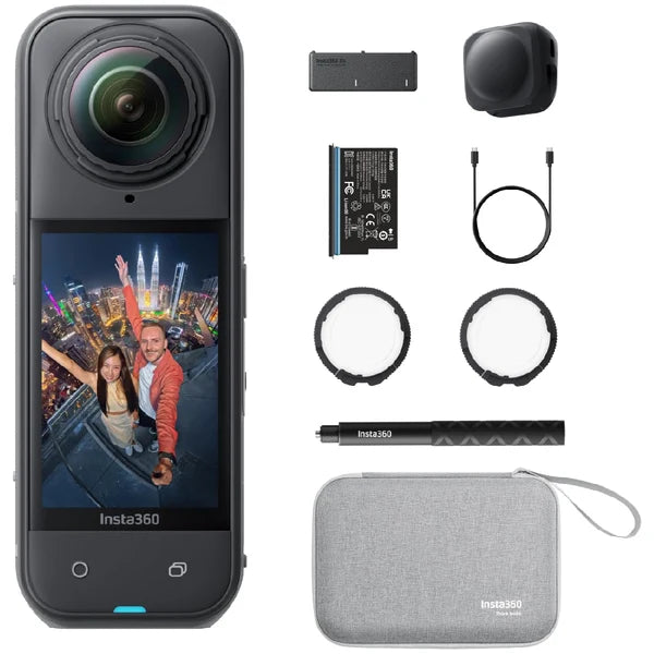 Insta360 action camera shown with included accessories on a white background: a black camera body with a wide-angle lens and screen, a battery, charger cable, protective lens filters, pen-like accessory, and a gray carrying case. The camera screen displays a colorful city selfie.