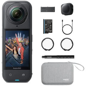 Insta360 action camera shown with included accessories on a white background: a black camera body with a wide-angle lens and screen, a battery, charger cable, protective lens filters, pen-like accessory, and a gray carrying case. The camera screen displays a colorful city selfie.