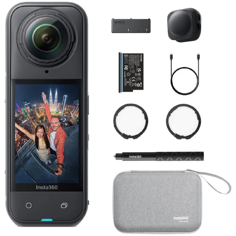 Insta360 action camera shown with included accessories on a white background: a black camera body with a wide-angle lens and screen, a battery, charger cable, protective lens filters, pen-like accessory, and a gray carrying case. The camera screen displays a colorful city selfie.