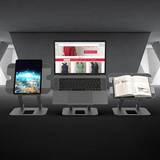 j5create JTS127 Multi-Angle Laptop Stand Designed to fit mostl aptops up to 16 inches - DokkanTech Multi-device stand holding a laptop, tablet, and book with digital content displayed on screens.