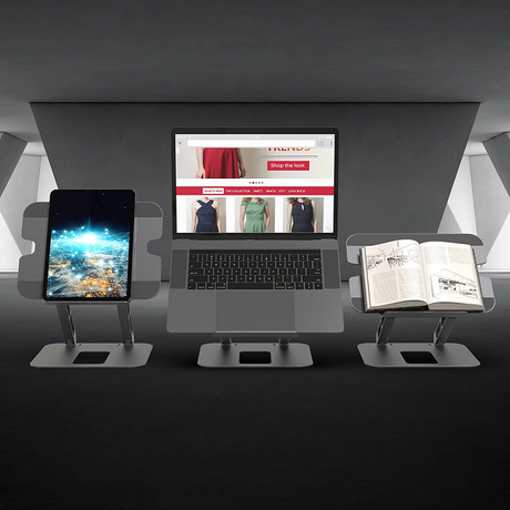 j5create JTS127 Multi-Angle Laptop Stand Designed to fit mostl aptops up to 16 inches - DokkanTech Multi-device stand holding a laptop, tablet, and book with digital content displayed on screens.