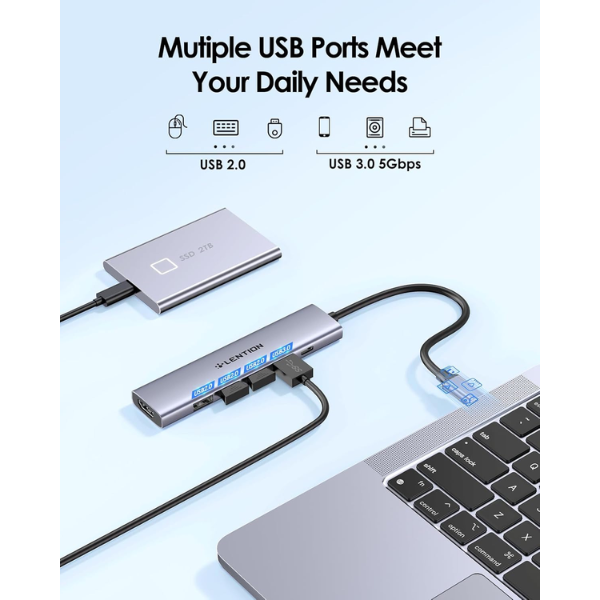 LENTION USB-C Hub 100W PD, 4K HDMI, 4 USB 3.0 Ports (CB-CH17)  – Space Gray - Dokkantech