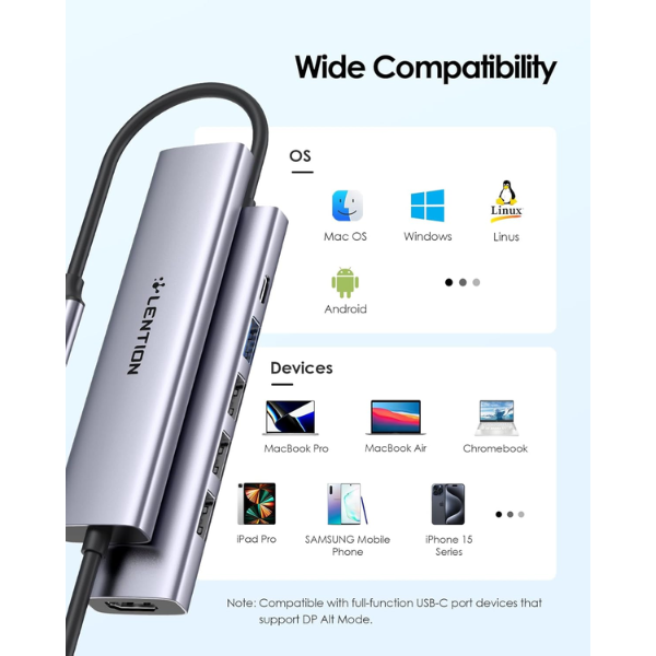 LENTION USB-C Hub 100W PD, 4K HDMI, 4 USB 3.0 Ports (CB-CH17)  – Space Gray - Dokkantech