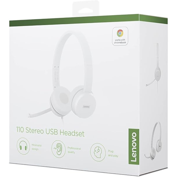 DokanTech_Lenovo 110 Stereo Headset USB-A, 1.8m Cable - Cloud Grey