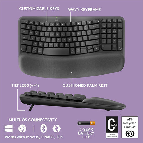 Logitech Wave Keys Wireless Ergonomic Keyboard with Cushioned Palm Rest - Ara - DokanTech #