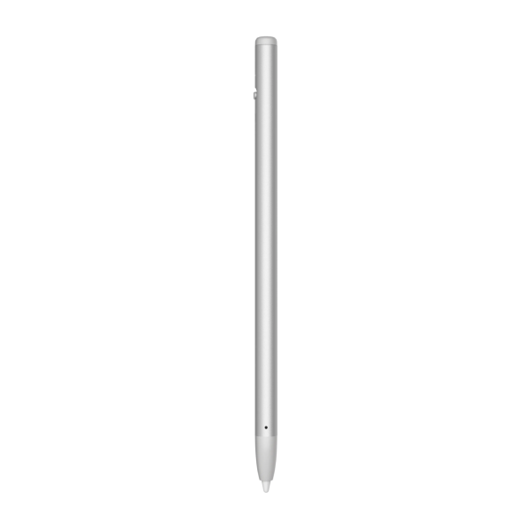A slim silver stylus pen shown vertically against a plain white background.
