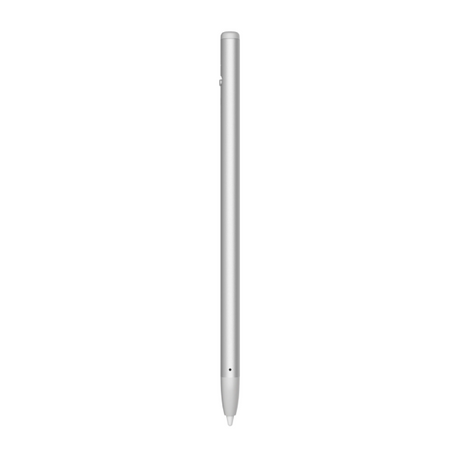 A slim silver stylus pen shown vertically against a plain white background.