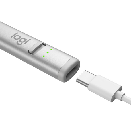 A close-up of a silver Logi battery indicator dongle with three green LED lights, shown detached from a white USB-C cable on a clean white background.