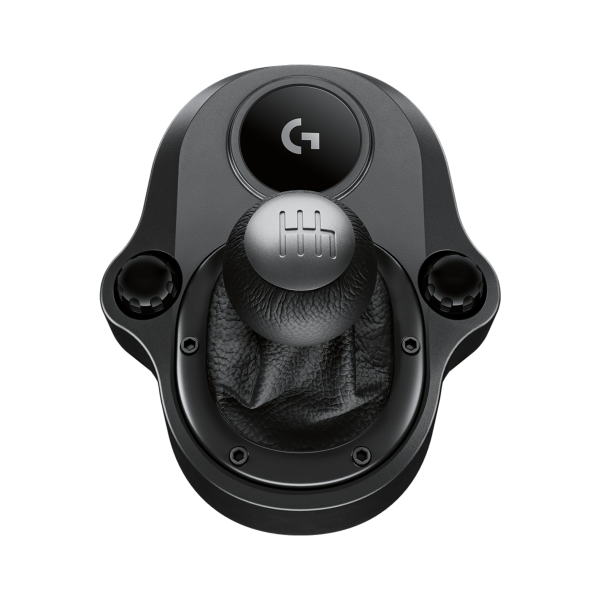A black Logitech racing steering wheel shift knob and console mount on a solid white background.