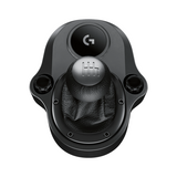 A black Logitech racing steering wheel shift knob and console mount on a solid white background.