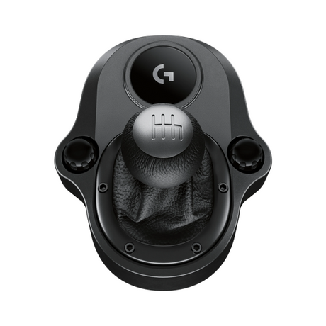 A black Logitech racing steering wheel shift knob and console mount on a solid white background.