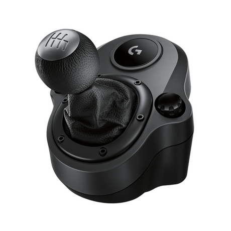 Logitech racing steering wheel controller with a black 5-speed manual shifter knob, a glossy black faceplate, and a Logitech G logo button on a clean white background.