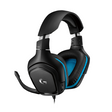 Black gaming headset with blue accents on a white background