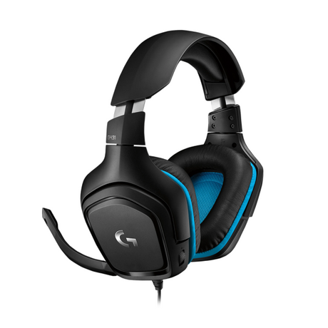 Black gaming headset with blue accents on a white background