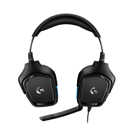 Logitech gaming headset in black with blue accents and a silver logo on the earcups, featuring an adjustable boom microphone, shown on a solid white background.