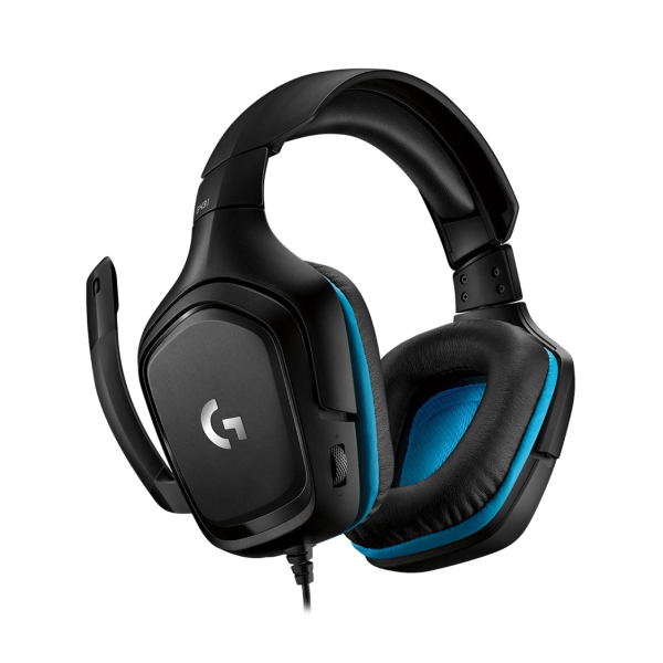 Logitech gaming headset in black with bright blue accents on the ear cushions and headband padding, featuring a built-in microphone and a silver logo on the side cup, shown on a solid white background.