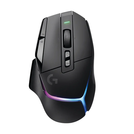 A Logitech gaming mouse in black with RGB lighting accents, shown from a three-quarters angle on a solid white background.