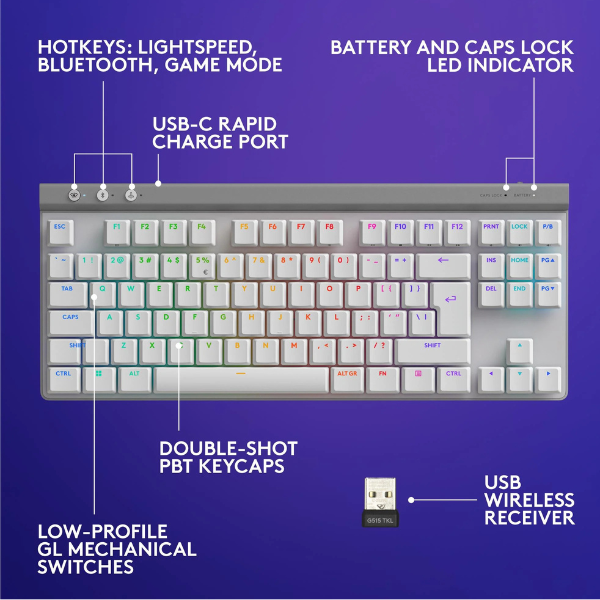 لوحة مفاتيح الألعاب اللاسلكية Logitech G515 LIGHTSPEED TKL - فائقة النحافة، أداء احترافي باللونين الأبيض والأسود 