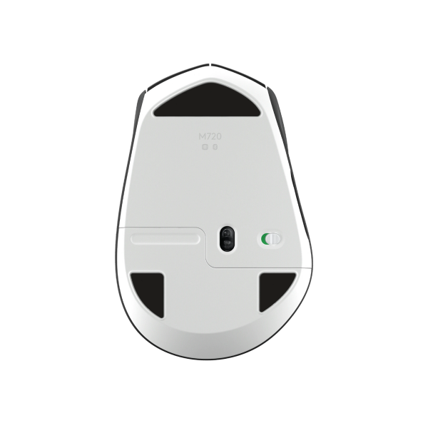 The underside of a white and black wireless gaming mouse, showing the M720 model marking, a USB-C port, and a power indicator light, isolated on a white background.