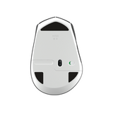 The underside of a white and black wireless gaming mouse, showing the M720 model marking, a USB-C port, and a power indicator light, isolated on a white background.