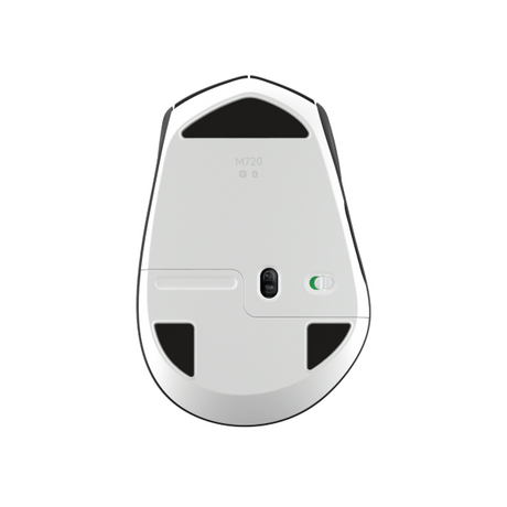 The underside of a white and black wireless gaming mouse, showing the M720 model marking, a USB-C port, and a power indicator light, isolated on a white background.