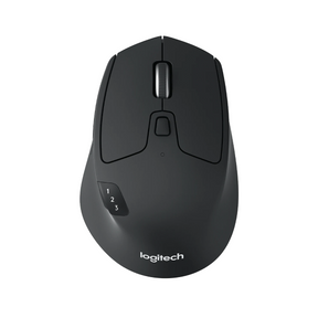 A Logitech wireless computer mouse in matte black, shown from a top-down perspective on a solid white background.