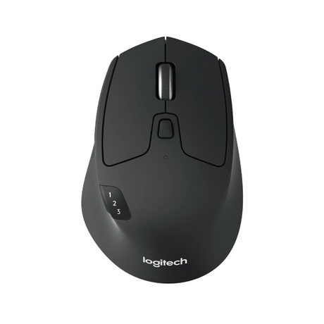 A Logitech wireless computer mouse in matte black, shown from a top-down perspective on a solid white background.